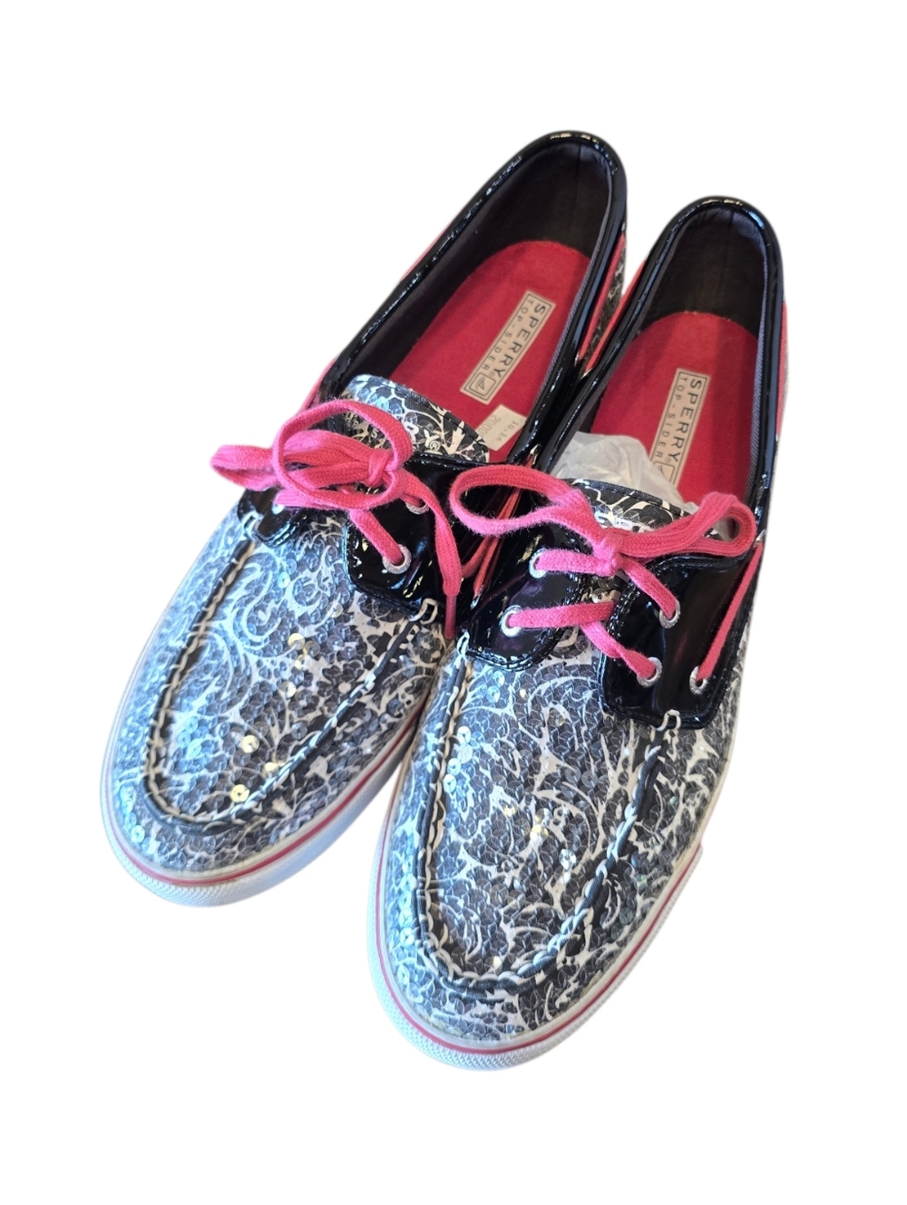 Sperry Topsider Biscayne Black White Pink Sequin Lace Up Boat Shoes 11